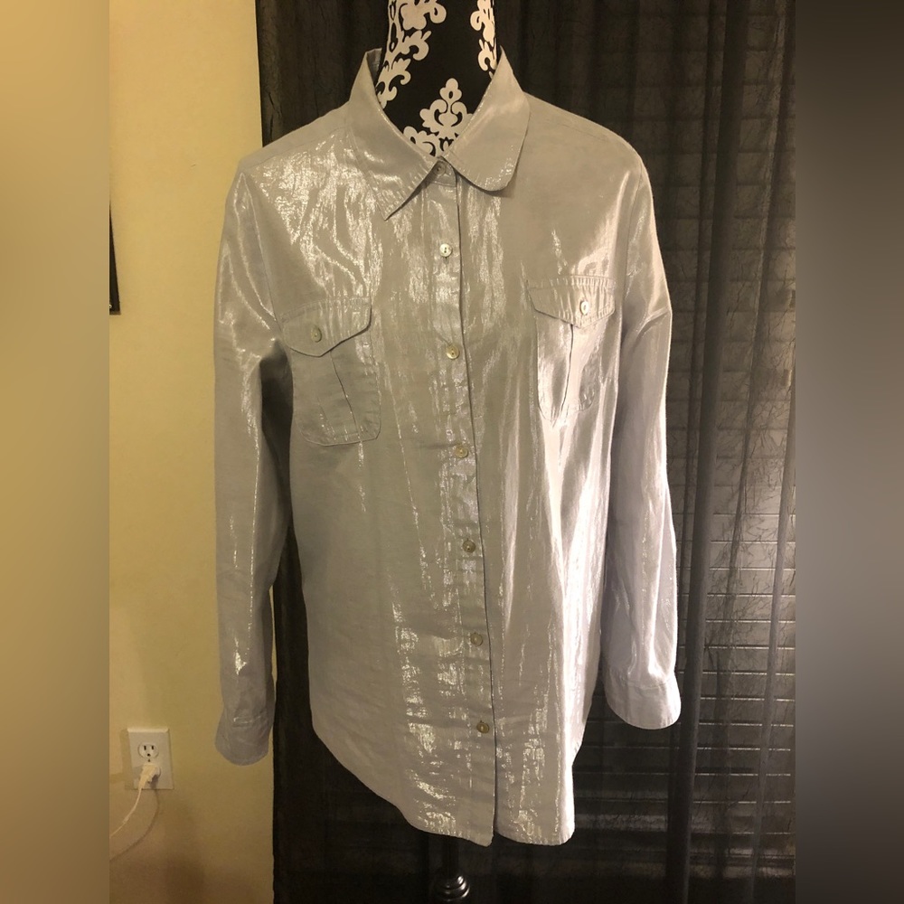 Fun shiny metallic silver long sleeve button up
